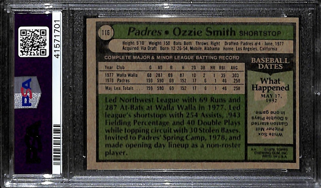 1979 Topps Ozzie Smith (HOF) #116 Graded PSA 9