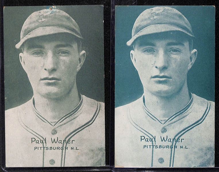 Lot of (2) 1926-1929 Paul Waner Exhibits Baseball Blank Back Postcards - Sepia and Green Tint Versions 