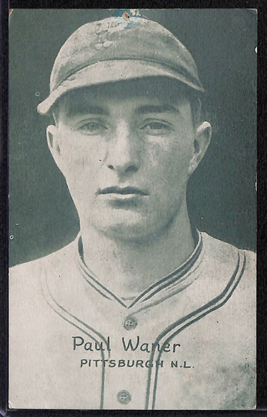 Lot of (2) 1926-1929 Paul Waner Exhibits Baseball Blank Back Postcards - Sepia and Green Tint Versions 