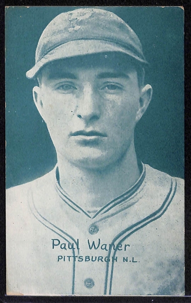 Lot of (2) 1926-1929 Paul Waner Exhibits Baseball Blank Back Postcards - Sepia and Green Tint Versions 
