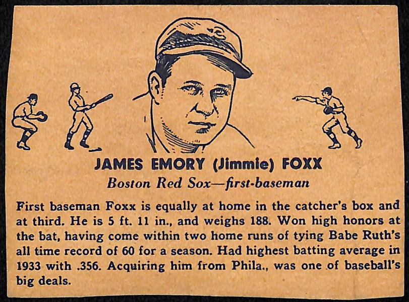 Rare 1936 Overland Candy Jimmy Foxx Candy Wrapper Card (Hand Cut/Trimmed)