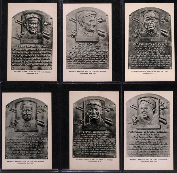 Lot of (6) High-Quality 1946-52 Albertype HOF Plaque Postcards - Cobb, Wagner, Young, Mathewson, Speaker, & Mack