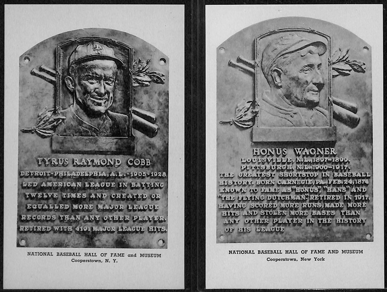 Lot of (6) High-Quality 1946-52 Albertype HOF Plaque Postcards - Cobb, Wagner, Young, Mathewson, Speaker, & Mack