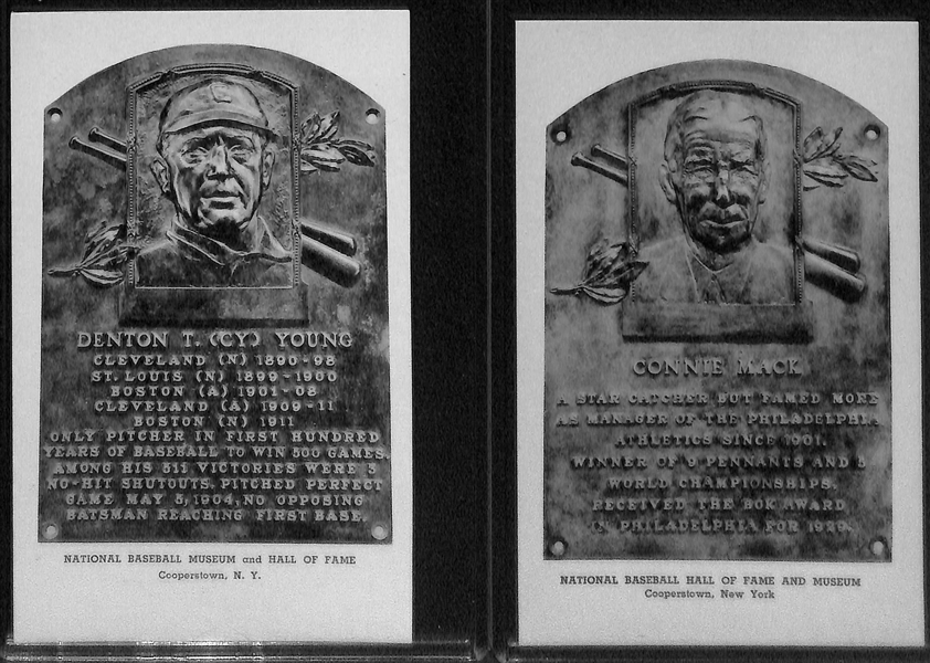 Lot of (6) High-Quality 1946-52 Albertype HOF Plaque Postcards - Cobb, Wagner, Young, Mathewson, Speaker, & Mack