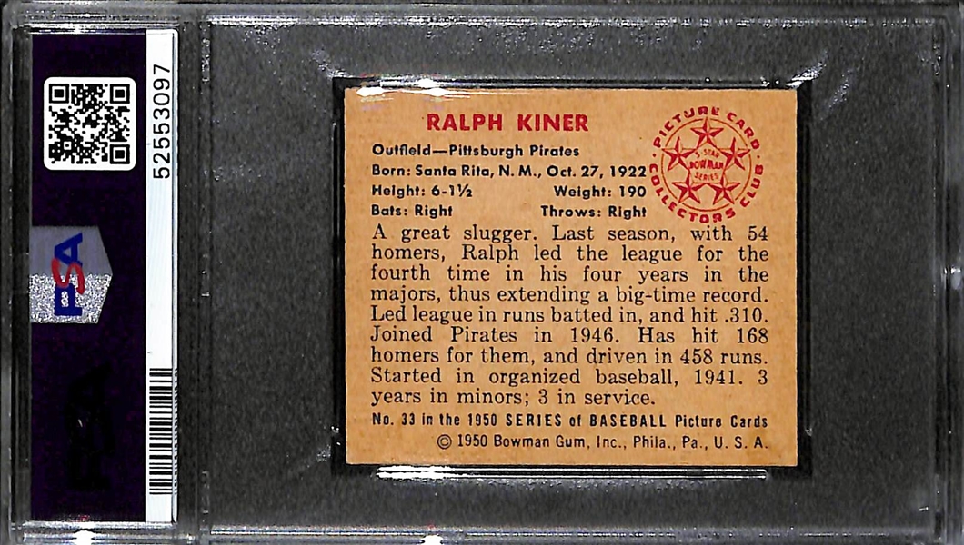 1950 Bowman Ralph Kiner #33 Graded PSA 7