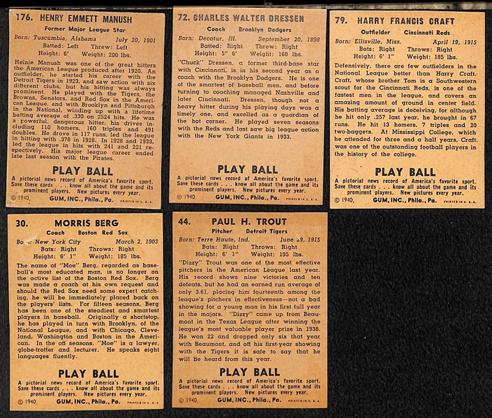 Lot of (50) Authentic/Trimmed 1940 Play Ball Cards w. Manush, Dressen, Craft, Berg, Dizzy Trout, +