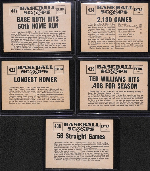 Lot of (5) 1961 Nu-Card Baseball Scoops w/ Ruth, Gehrig, Mantle, Williams, DiMaggio