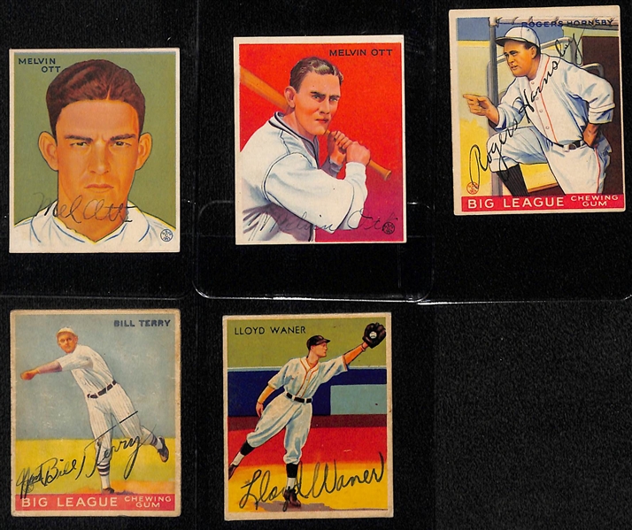 Lot of (5) Secretarial (Non-Authentic) Signed 1933 Goudey HOFer Cards w. (2) Mel Ott, Bill Terry, Rogers Hornsby, Lloyd Waner