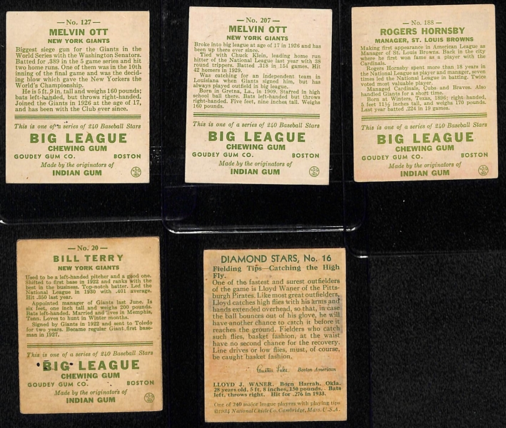 Lot of (5) Secretarial (Non-Authentic) Signed 1933 Goudey HOFer Cards w. (2) Mel Ott, Bill Terry, Rogers Hornsby, Lloyd Waner