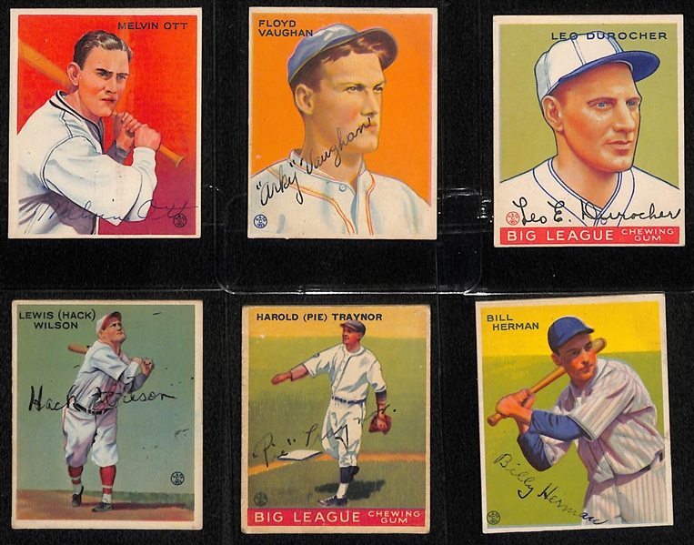 (6) Secretarial (Non-Authentic) Signed 1933 Goudey HOFer Cards w. Mel Ott, Arky Vaughan, Leo Durocher, Hack Wilson, Pie Traynor, Billy Herman
