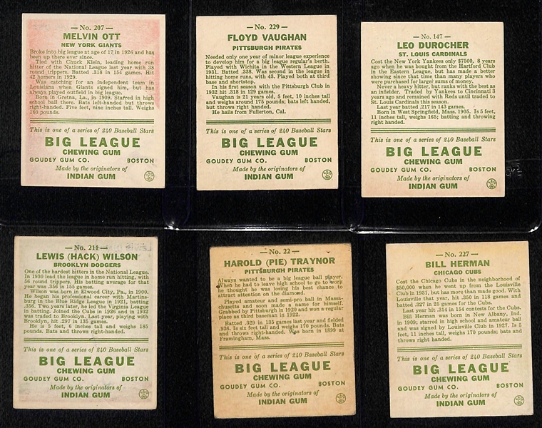 (6) Secretarial (Non-Authentic) Signed 1933 Goudey HOFer Cards w. Mel Ott, Arky Vaughan, Leo Durocher, Hack Wilson, Pie Traynor, Billy Herman