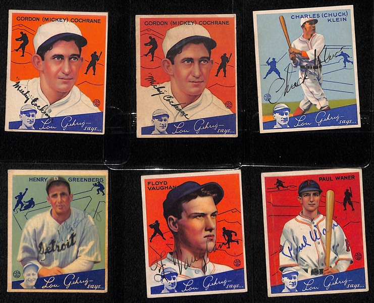 (6) Secretarial (Non-Authentic) Signed 1934 Goudey HOFer Cards w. (2) Mickey Cochrane, Hank Greenberg, Chuck Klein, Arky Vaughan, Paul Waner