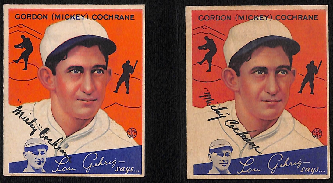 (6) Secretarial (Non-Authentic) Signed 1934 Goudey HOFer Cards w. (2) Mickey Cochrane, Hank Greenberg, Chuck Klein, Arky Vaughan, Paul Waner