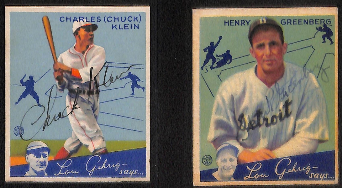 (6) Secretarial (Non-Authentic) Signed 1934 Goudey HOFer Cards w. (2) Mickey Cochrane, Hank Greenberg, Chuck Klein, Arky Vaughan, Paul Waner