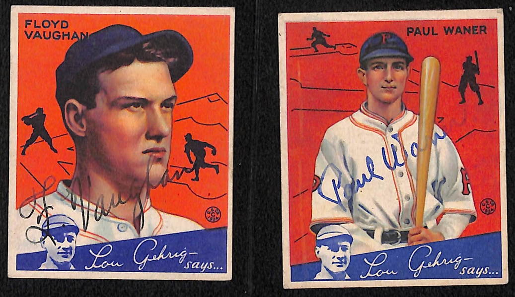 (6) Secretarial (Non-Authentic) Signed 1934 Goudey HOFer Cards w. (2) Mickey Cochrane, Hank Greenberg, Chuck Klein, Arky Vaughan, Paul Waner