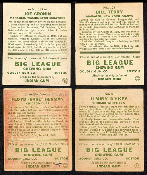 (18) Secretarial (Non-Authentic) Signed 1933 Goudey Cards w. (2) Joe Cronin, Bill Terry, Babe Herman, J. Dykes, +