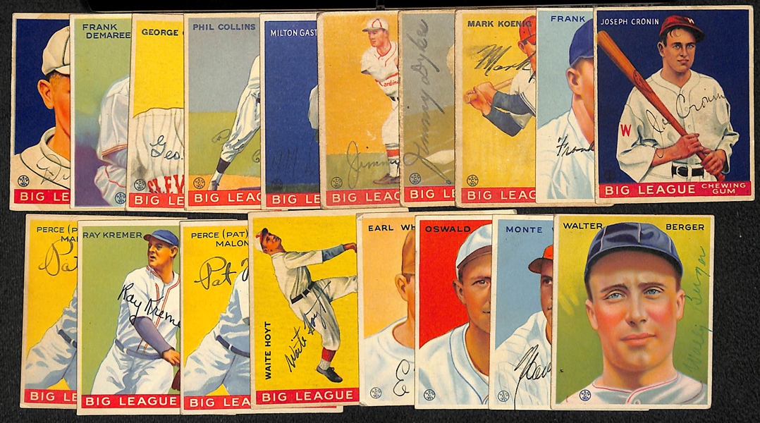 (18) Secretarial (Non-Authentic) Signed 1933 Goudey Cards w. Joe Cronin, F. Crosetti, M. Koenig, J. Dykes, +