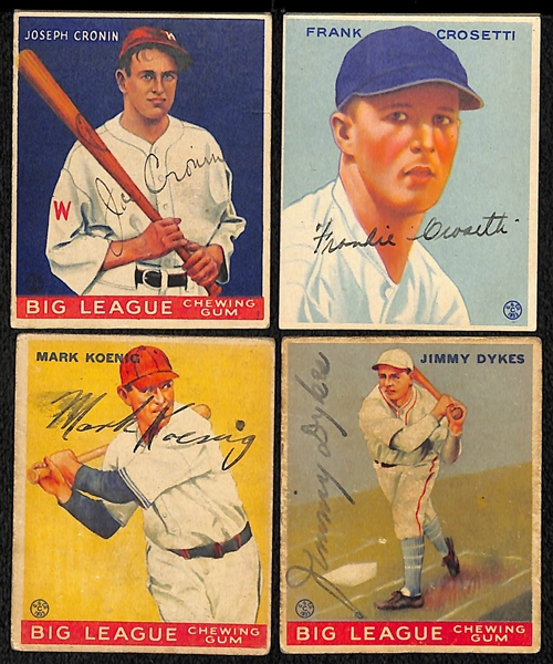 (18) Secretarial (Non-Authentic) Signed 1933 Goudey Cards w. Joe Cronin, F. Crosetti, M. Koenig, J. Dykes, +