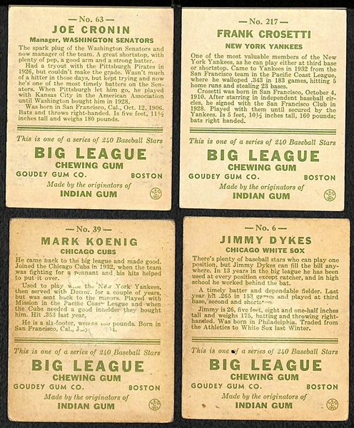 (18) Secretarial (Non-Authentic) Signed 1933 Goudey Cards w. Joe Cronin, F. Crosetti, M. Koenig, J. Dykes, +