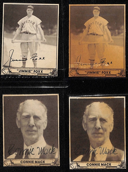 Lot of (4) Secretarial (Non-Authentic) Signed and Trimmed 1940 Play Ball HOFer Cards w. (2) Jimmie Foxx & (2) Connie Mack
