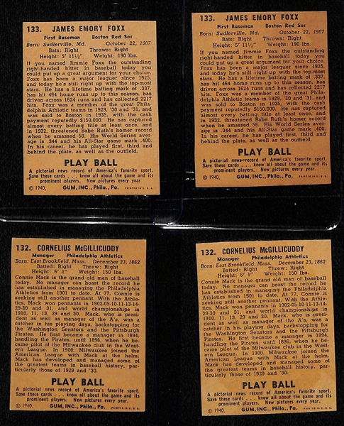 Lot of (4) Secretarial (Non-Authentic) Signed and Trimmed 1940 Play Ball HOFer Cards w. (2) Jimmie Foxx & (2) Connie Mack