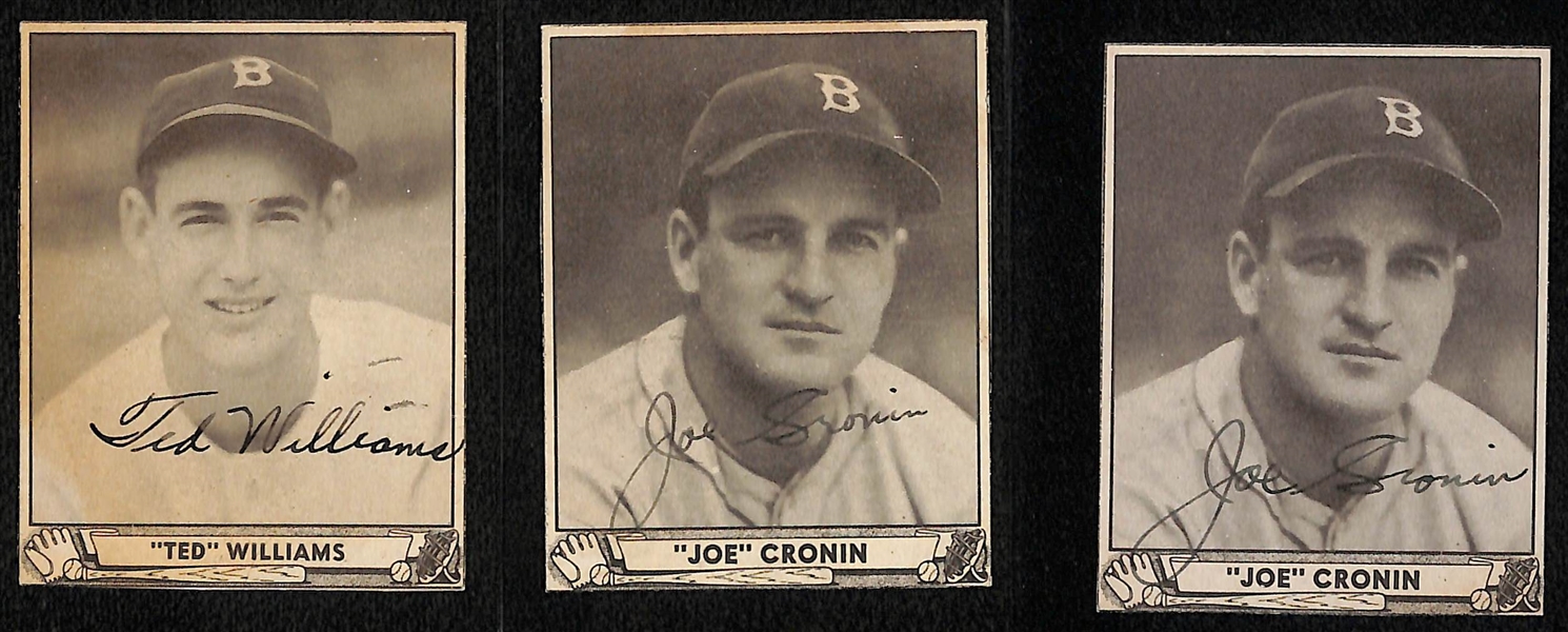 Lot of (3) Secretarial (Non-Authentic) Signed and Trimmed 1940 Play Ball Red Sox HOFer Cards w. Ted Williams & (2) Joe Cronin