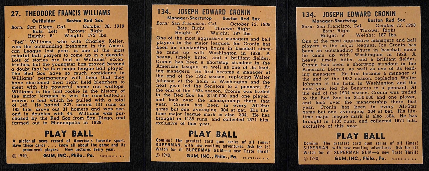 Lot of (3) Secretarial (Non-Authentic) Signed and Trimmed 1940 Play Ball Red Sox HOFer Cards w. Ted Williams & (2) Joe Cronin