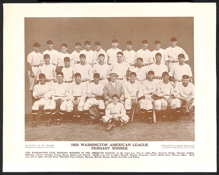 (7) c1930s M113 and/or M114 Baseball Magazine Washington Senators Supplement Photos (w. Original Mailing Envelope) Inc. 1933 Team