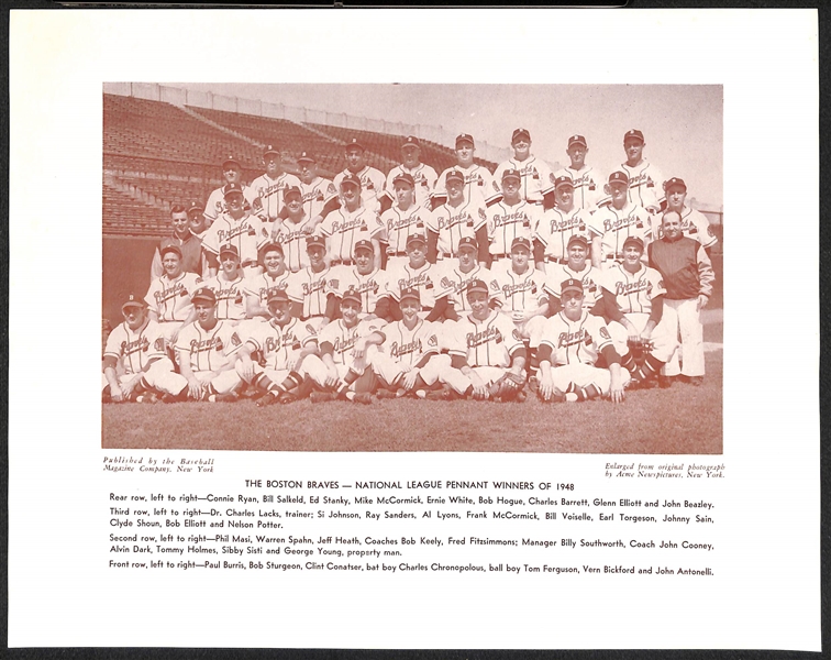 (7) c1940s M113 and/or M114 Baseball Magazine Boston Braves Supplement Photos (w. Orginial Mailing Envelope) Inc. 1948 Team Photo