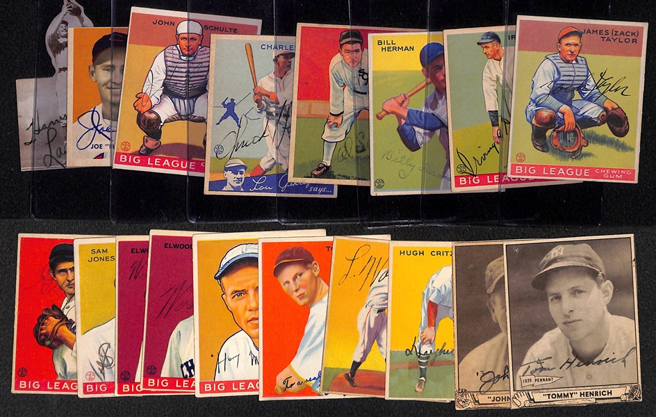 (18) Secretarial (Non-Authentic) Signed Baseball Cards w. Chuck Klein, Al Simmons, Billy Herman, Bump Hadley, Zach Taylor, +