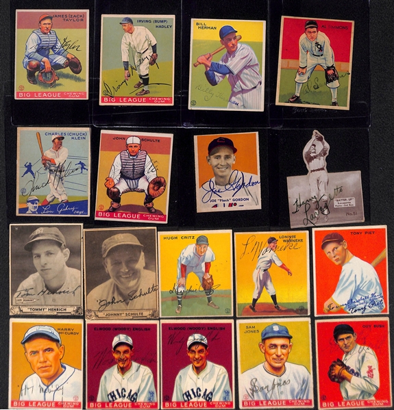 (18) Secretarial (Non-Authentic) Signed Baseball Cards w. Chuck Klein, Al Simmons, Billy Herman, Bump Hadley, Zach Taylor, +