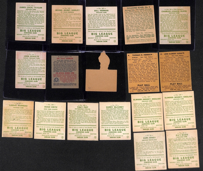 (18) Secretarial (Non-Authentic) Signed Baseball Cards w. Chuck Klein, Al Simmons, Billy Herman, Bump Hadley, Zach Taylor, +