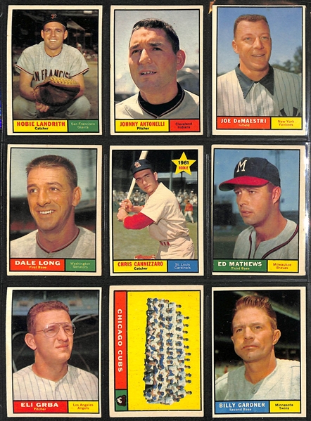 1961 Topps Baseball Partial Set - 213 of 587 Cards w. Mays MVP & Mantle MVP (MC)