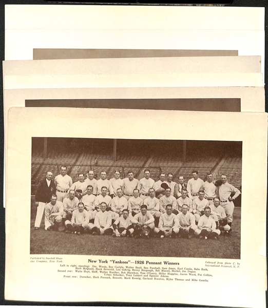 Lot of (6) Baseball Magazine Team Photo Supplements, Inc. 1926 Yankees (Ruth, Gehrig) and 1947 Dodgers (J. Robinson)