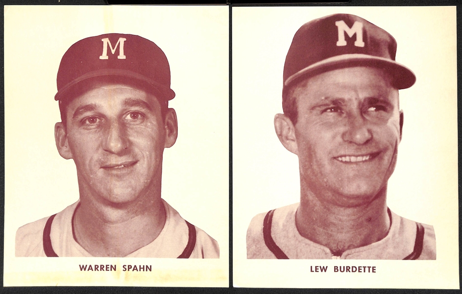 Lot of (5) Old Milwaukee Braves Souvenir 8x10 Prints (Spahn, Burdette, Schoendienst, Crandall, Mathews)