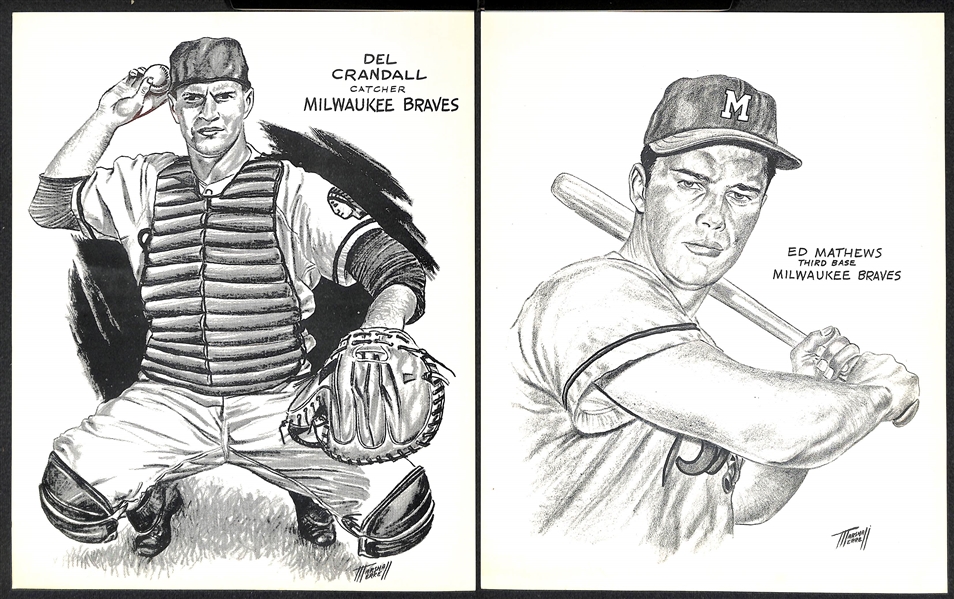 Lot of (5) Old Milwaukee Braves Souvenir 8x10 Prints (Spahn, Burdette, Schoendienst, Crandall, Mathews)