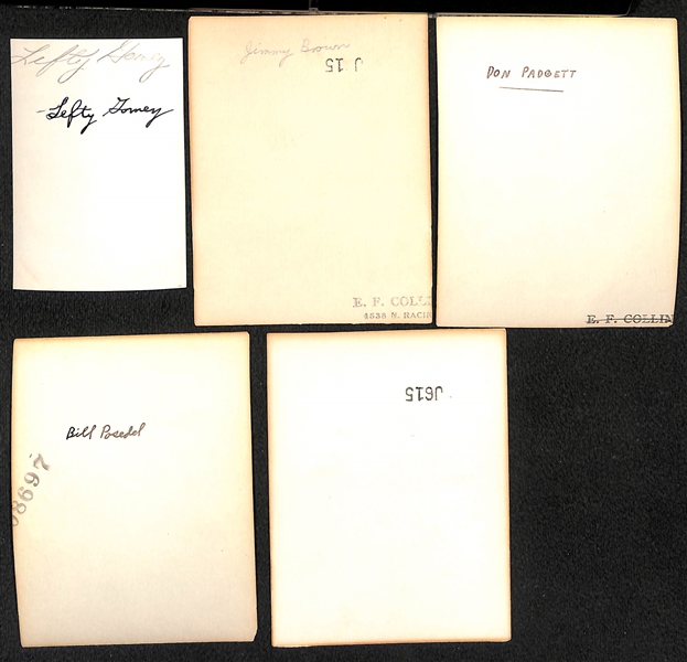 Lot of (5) Vintage Pocket Baseball Player Photographs w. Lefty Gomez, Jimmy Brown, Don Padgett, Bill Posedel, +