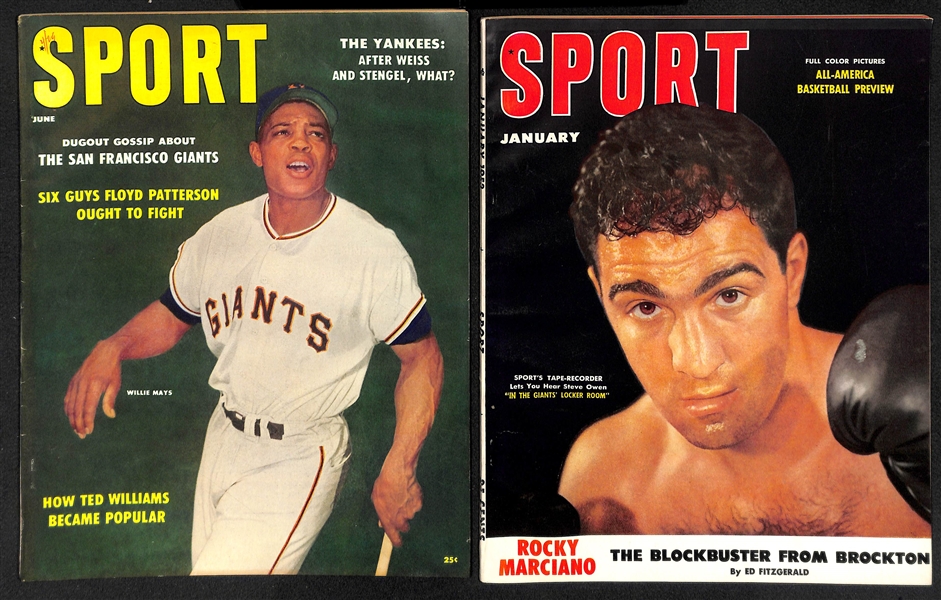 Lot of (13) 1950s Sport Magazine Editions w. Covers of Willie Mays, Rocky Marciano, AL Kaline, Eddie Mathews, + 