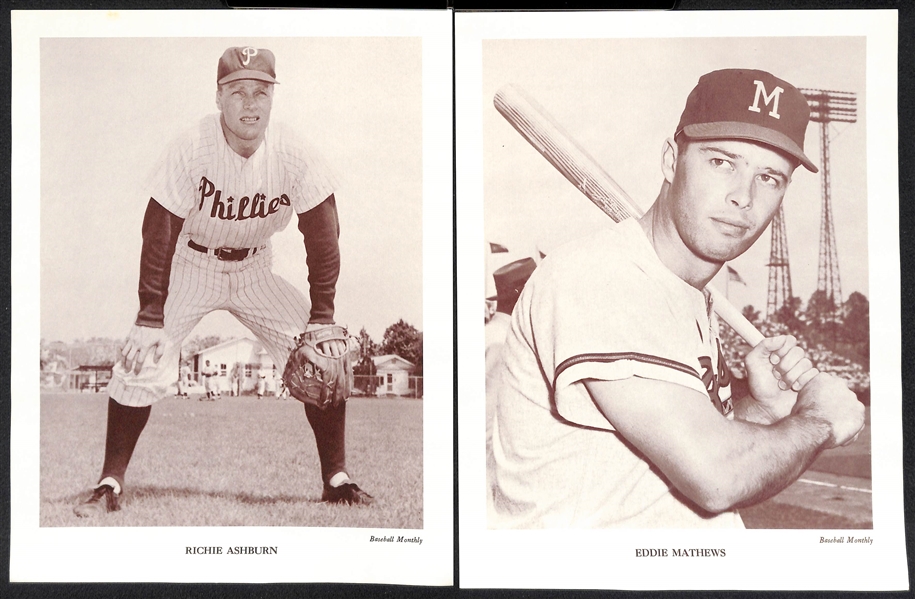 Lot of (20) Baseball Monthly Supplement Photos w/ Aaron, Banks, Ashburn, Mathews, Spahn, Killebrew, +