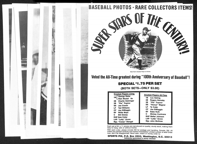 1960s Sports Pix Greatest Players Living Baseball Photo Set (12) - Williams, Musial, Mays, DiMaggio, + (Includes Checklist Ad)