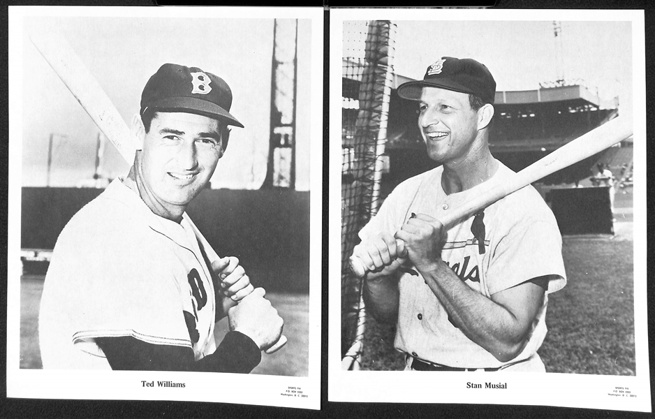 1960s Sports Pix Greatest Players Living Baseball Photo Set (12) - Williams, Musial, Mays, DiMaggio, + (Includes Checklist Ad)