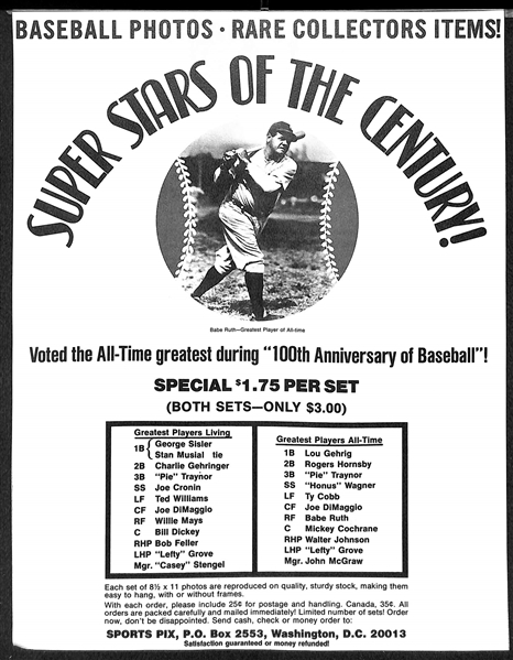 1960s Sports Pix Greatest Players Living Baseball Photo Set (12) - Williams, Musial, Mays, DiMaggio, + (Includes Checklist Ad)