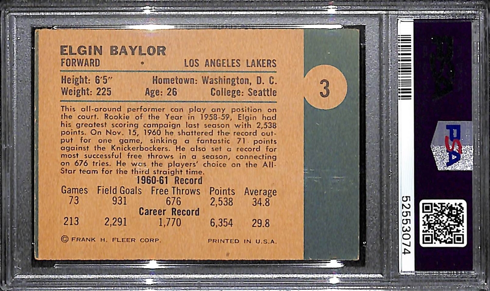 1961 Fleer Elgin Baylor #3 Rookie Card Graded PSA 4