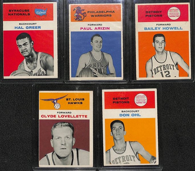 Lot of (5) 1961 Fleer Basketball Cards (Hal Greer #16, Paul Arizin #2, Howell #20, Lovellette #29, Ohl #33)
