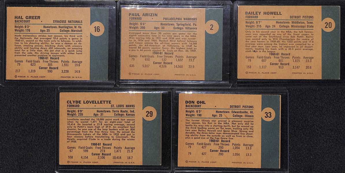 Lot of (5) 1961 Fleer Basketball Cards (Hal Greer #16, Paul Arizin #2, Howell #20, Lovellette #29, Ohl #33)
