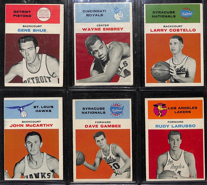 Lot of (6) 1961 Fleer Basketball Cards (Gene Shue #41, Wayne Embrey #12, Costello #9, McCarthy #30, Gambee #13, Larusso #26)