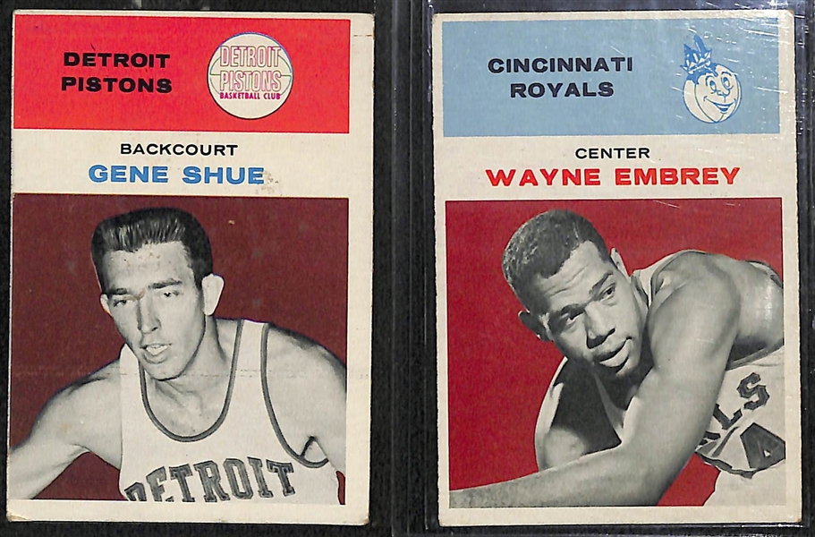 Lot of (6) 1961 Fleer Basketball Cards (Gene Shue #41, Wayne Embrey #12, Costello #9, McCarthy #30, Gambee #13, Larusso #26)