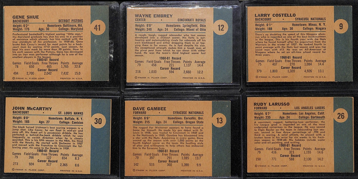 Lot of (6) 1961 Fleer Basketball Cards (Gene Shue #41, Wayne Embrey #12, Costello #9, McCarthy #30, Gambee #13, Larusso #26)
