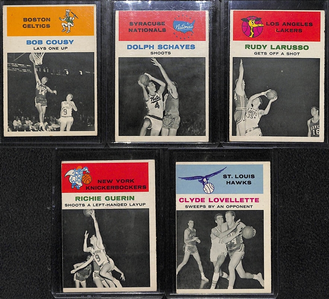 Lot of (5) 1961 Fleer Basketball In-Action Cards (Cousey #49, Schayes #63, Larusso #57, Guerin #52, Lovellette #58))
