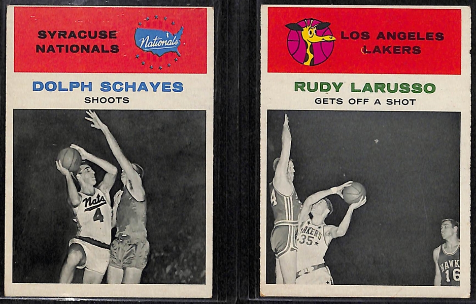 Lot of (5) 1961 Fleer Basketball In-Action Cards (Cousey #49, Schayes #63, Larusso #57, Guerin #52, Lovellette #58))